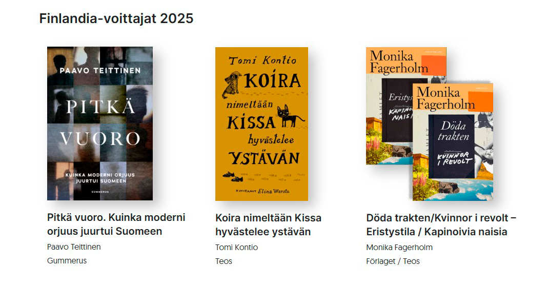 Finalndia-voittajakirjojen kansikuvat 